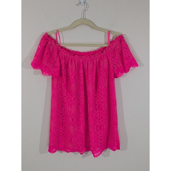 Lilly Pulitzer Marble Off The Shoulder Top In Kir Royal Pink Knotty Lace Sz L - Picture 3 of 10